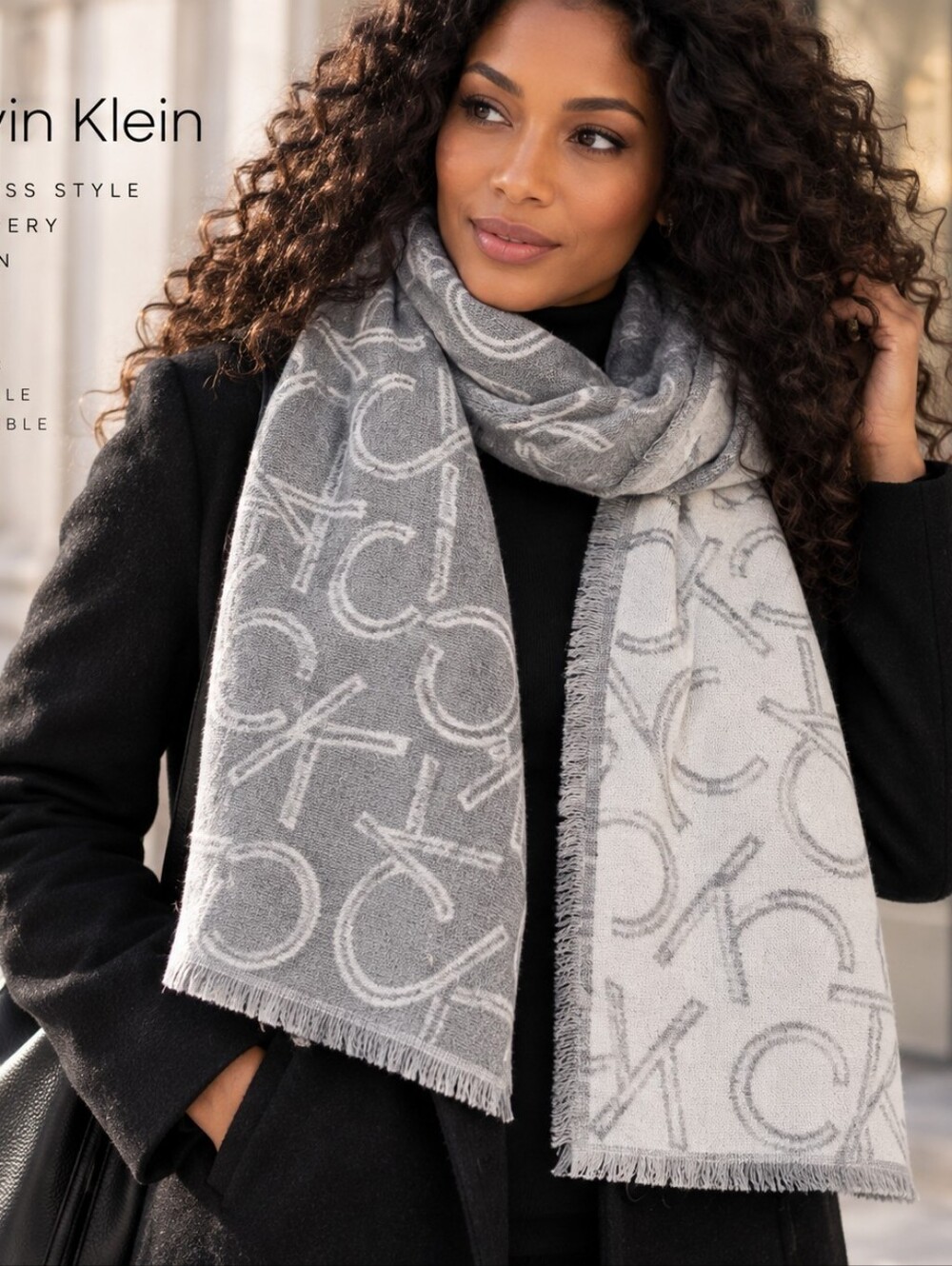 Calvin Klein Reversible CK Logo Fringe Scarf Gray White